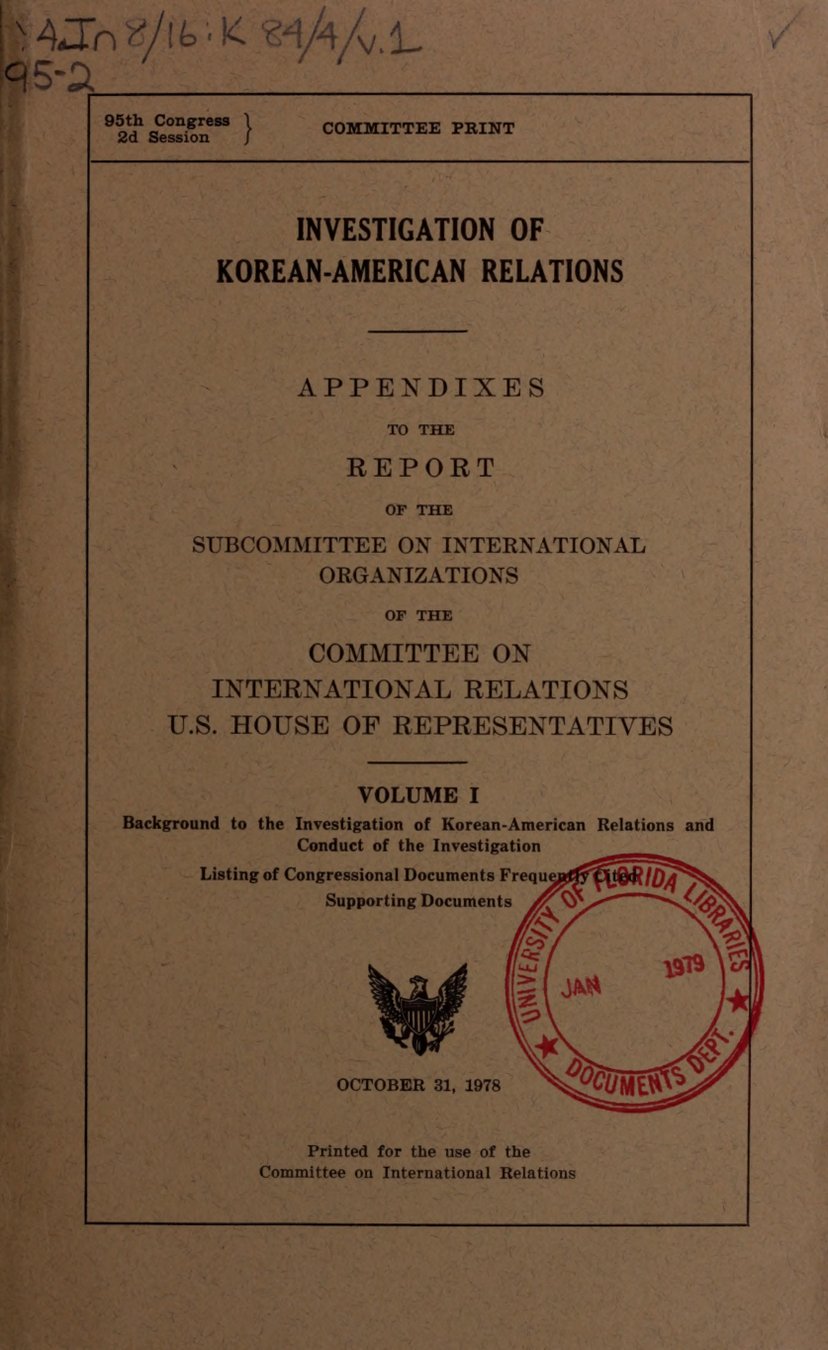 Cover of Investigation of Korean-American Relations: Appendixes to the Report of the Subcommittee on International Organizations