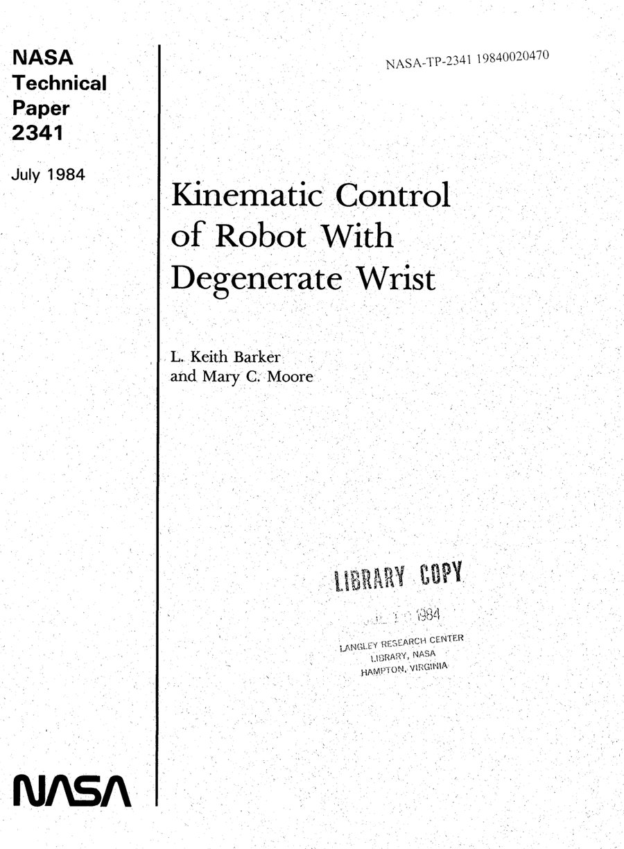 Cover of Kinematic Control of Robot with Degenerate Wrist