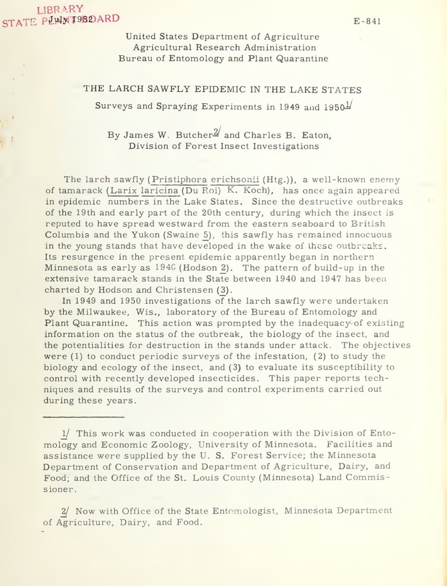 Cover of Larch Sawfly Epidemic in the Lake States: Surveys and Spraying Experiments in 1949 and 1950