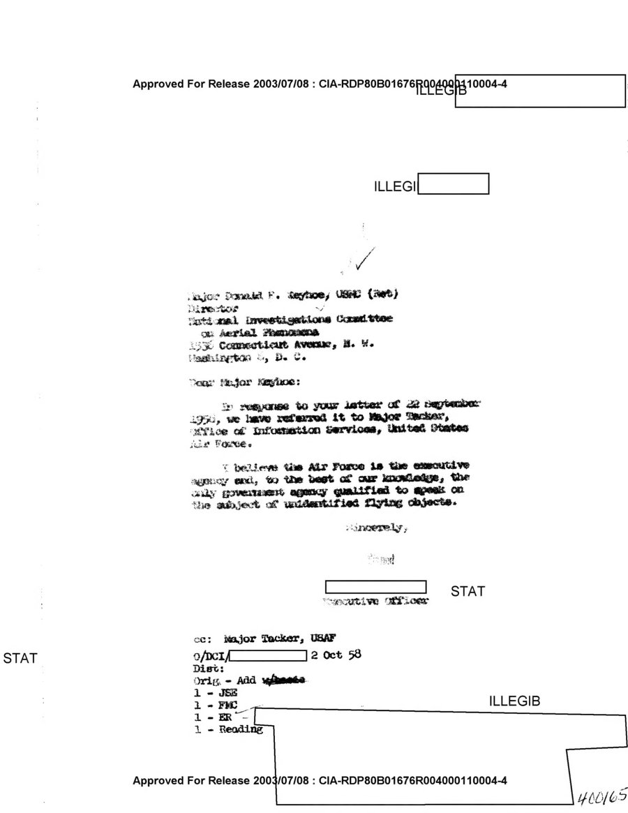 Cover of Letter to Major Donald E. Keyhoe, USMC (Ret.), from CIA (Sanitized)