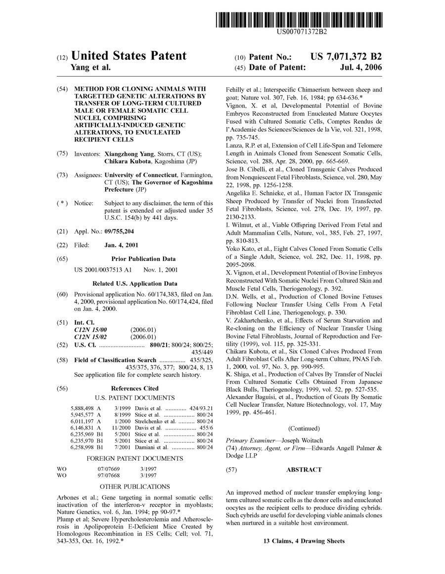 Cover of Method for Cloning Animals with Targeted Genetic Alterations by Transfer of Long-Term Cultured Somatic Cell Nuclei (U.S. Patent 7,071,372)