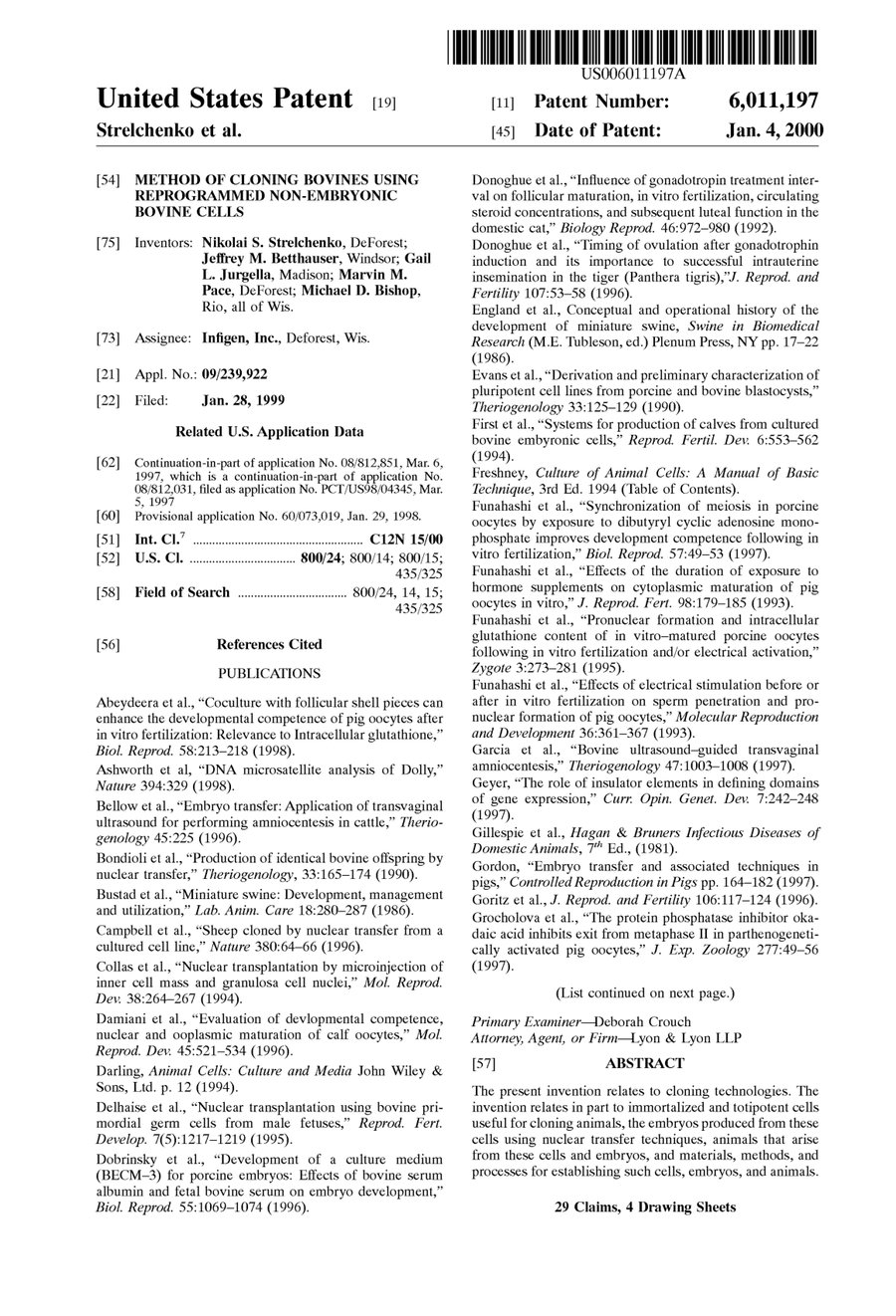 Cover of Method of Cloning Bovines Using Reprogrammed Non-Embryonic Bovine Cells (U.S. Patent 6,011,197)