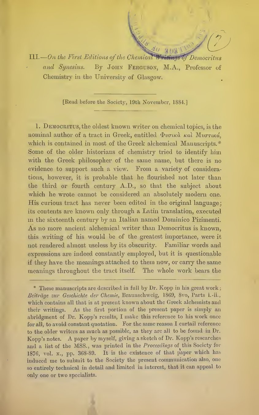 Cover of On the First Editions of the Chemical Writings of Democritus and Synesius