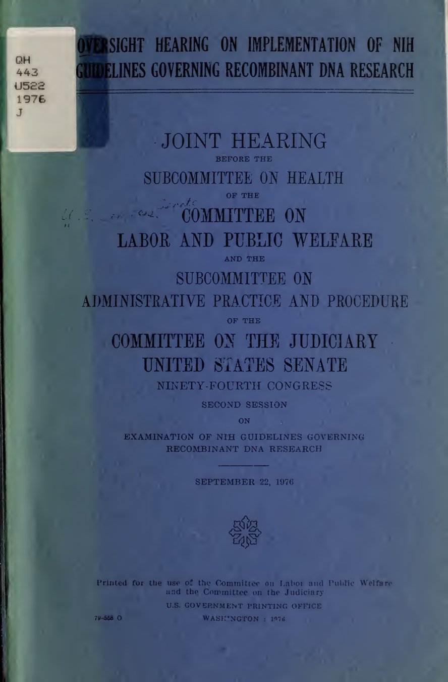 Cover of Oversight Hearing on Implementation of NIH Guidelines Governing Recombinant DNA Research