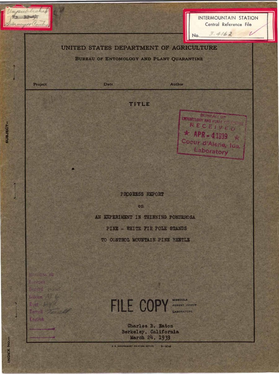 Cover of Progress Report on an Experiment in Thinning Ponderosa Pine–White Fir Pole Stands to Control Mountain Pine Beetle