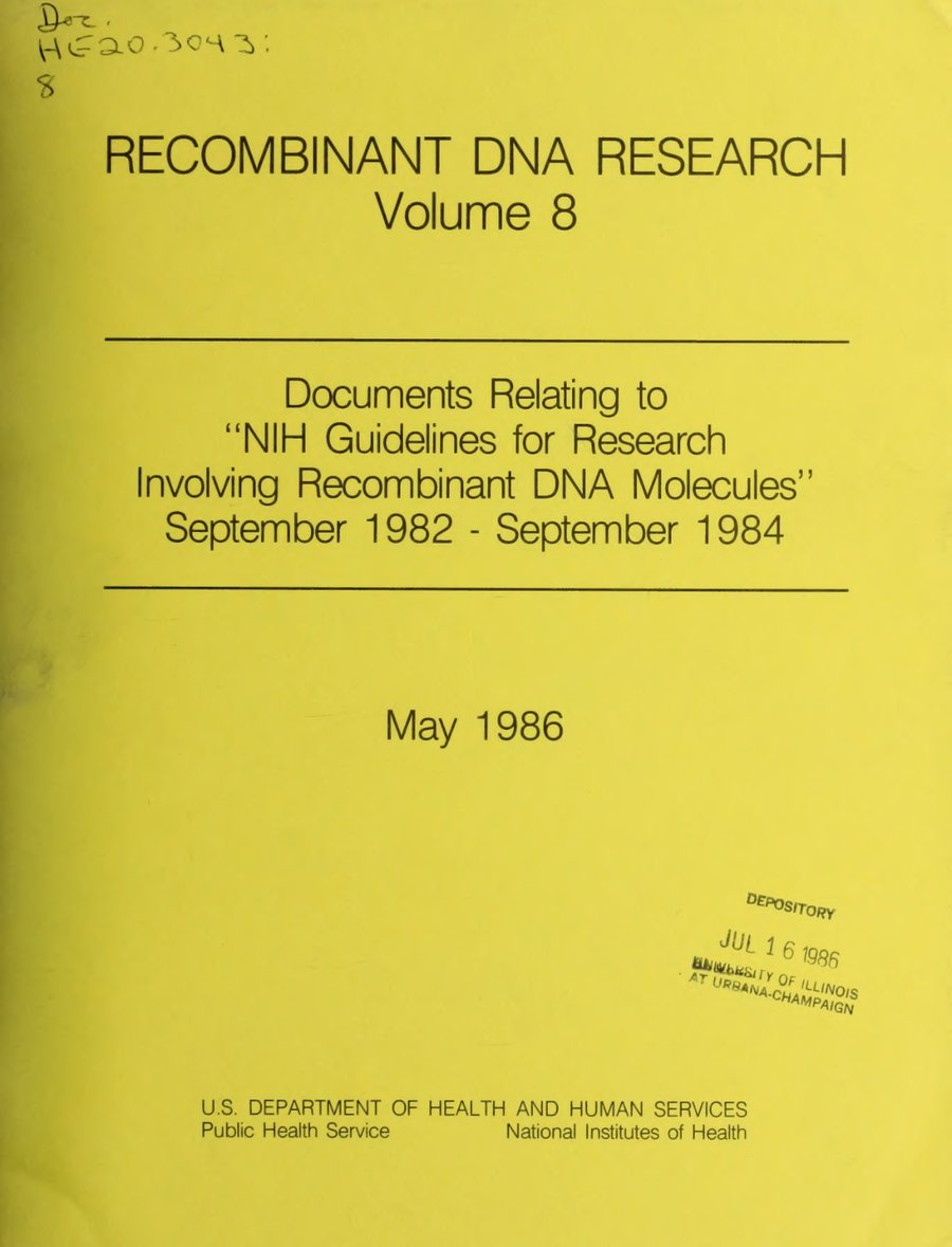Cover of Recombinant DNA Research: Documents Relating to NIH Guidelines, Vol. VIII
