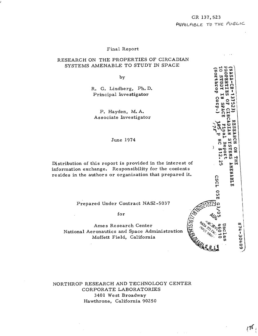 Cover of Research on the Properties of Circadian Systems Amenable to Study in Space (Skylab Experiment S-071)
