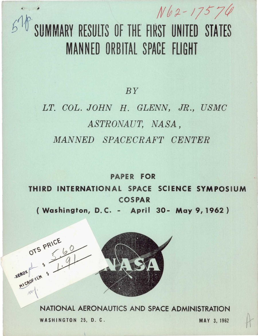 Cover of Results of the First United States Manned Orbital Space Flight, February 20, 1962
