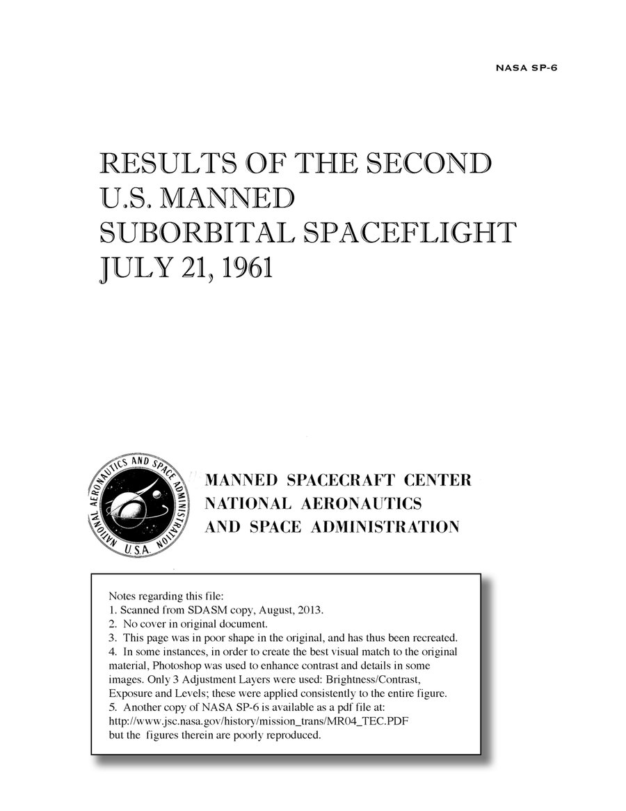 Cover of Results of the Second U.S. Manned Suborbital Space Flight (NASA SP-6)