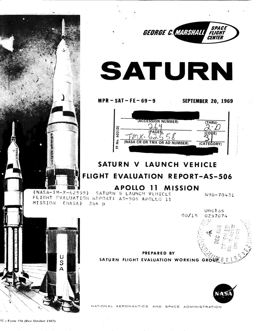 Cover of Saturn V Launch Vehicle Flight Evaluation Report: AS-506, Apollo 11 Mission