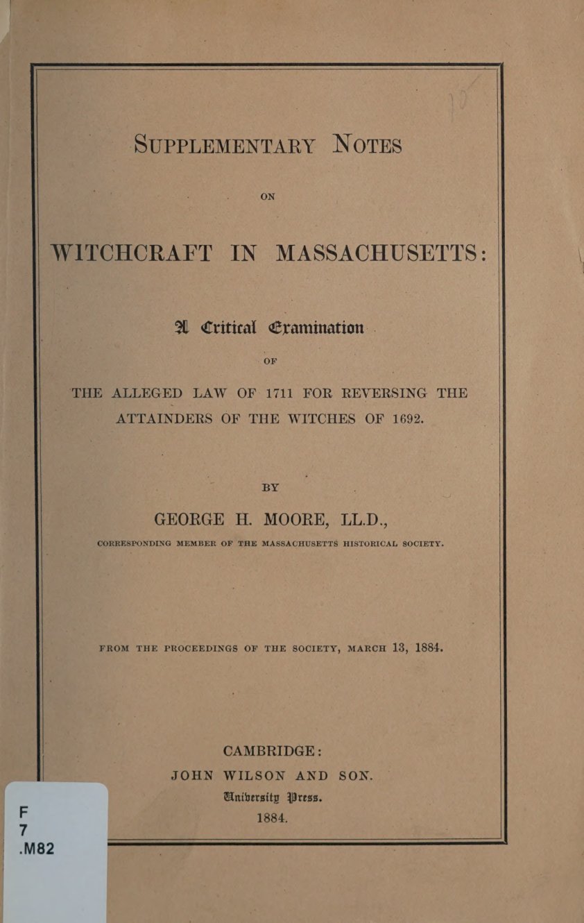 Cover of Supplementary Notes on Witchcraft in Massachusetts