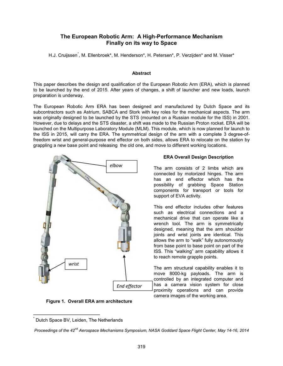 Cover of The European Robotic Arm: A High-Performance Mechanism Finally on Its Way to Space