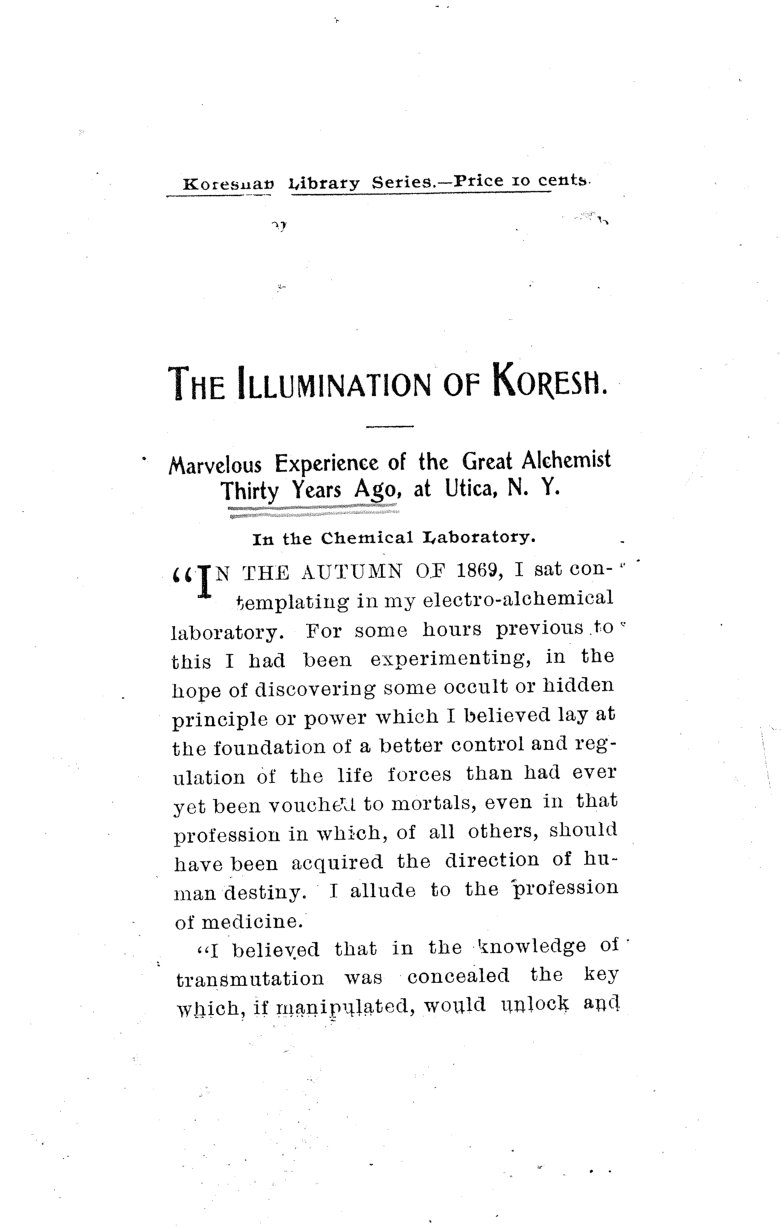 Cover of The Illumination of Koresh: Marvelous Experience of the Great Alchemist Thirty Years Ago at Utica, N.Y.