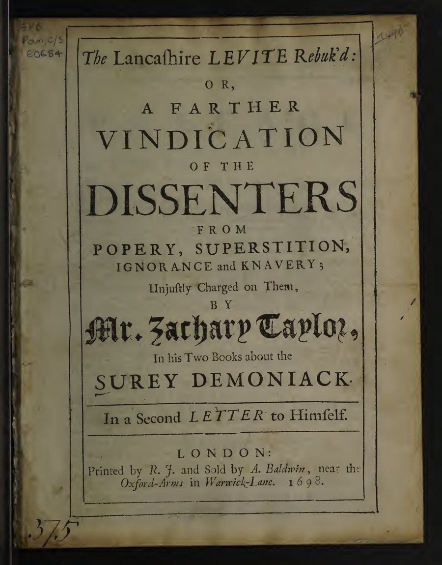 Cover of The Lancashire Levite Rebuk'd: A Farther Vindication of the Dissenters (Second Letter on the Surey Demoniack)
