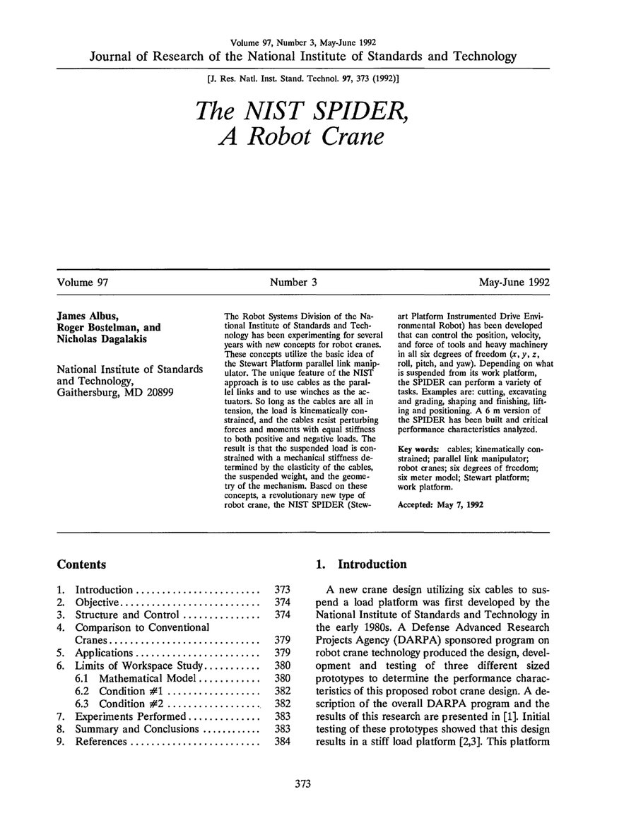 Cover of The NIST SPIDER, a Robot Crane
