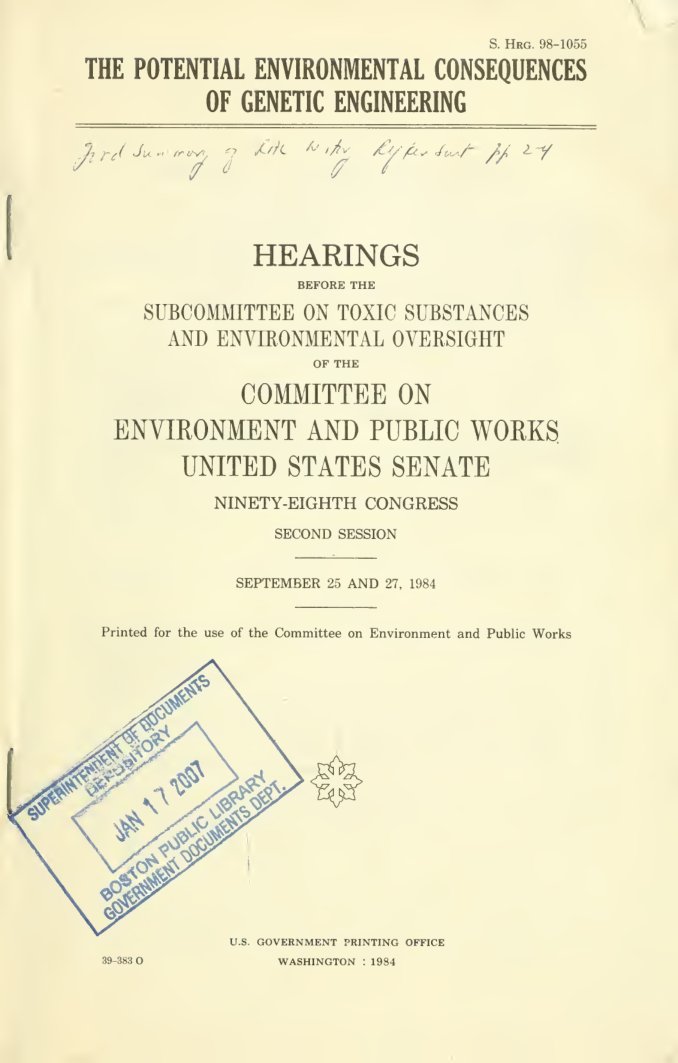Cover of The Potential Environmental Consequences of Genetic Engineering: Hearings