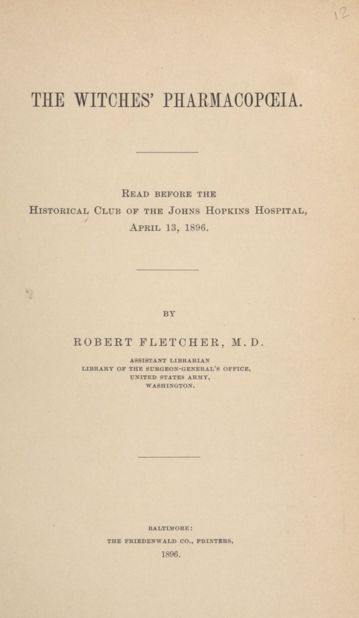 Cover of The Witches' Pharmacopoeia (Johns Hopkins Hospital Historical Club, 1896)