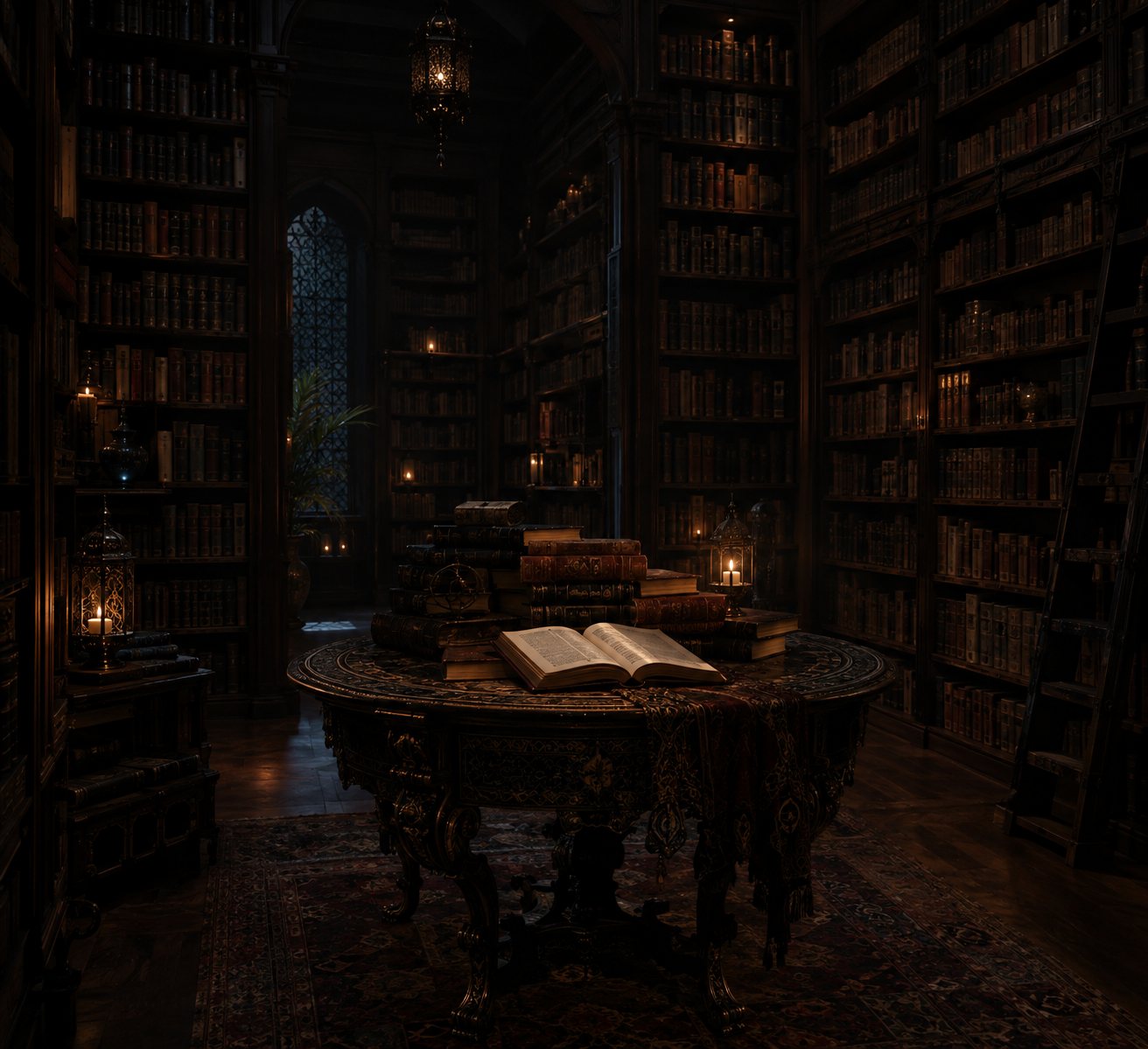 A candlelit private library with tall shelves of leather-bound books